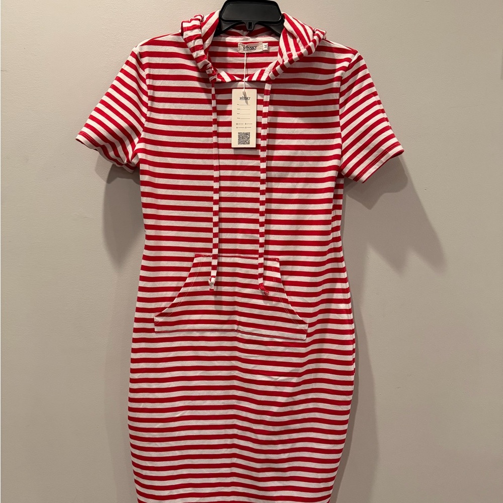 Red and White Striped Hoodie Dress